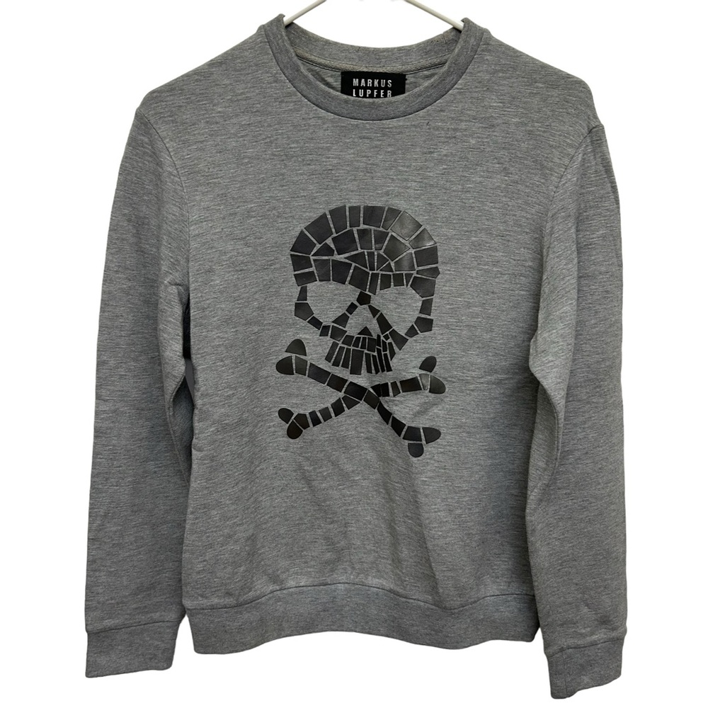 Markus Lupfer Gray Mosaic Skull Sweatshirt Leather Appliqué Designer XS